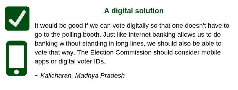 A digital solution
It would be good if we can vote digitally so that one doesn't have to go to the polling booth. Just like internet banking allows us to do banking without standing in long lines, voting should also be able to vote that way. The Election Commission should consider mobile apps or digital voter IDs.
~ Kalicharan, Madhya Pradesh