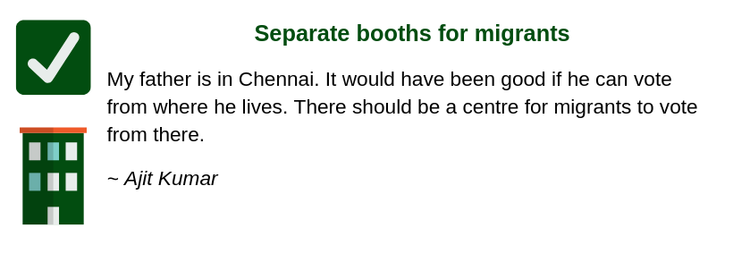 Separate booths for migrants
My father is in Chennai. It would have been good if he can vote from where he lives. There should be a centre for migrants to vote from there.
~ Ajit Kumar, location TBC